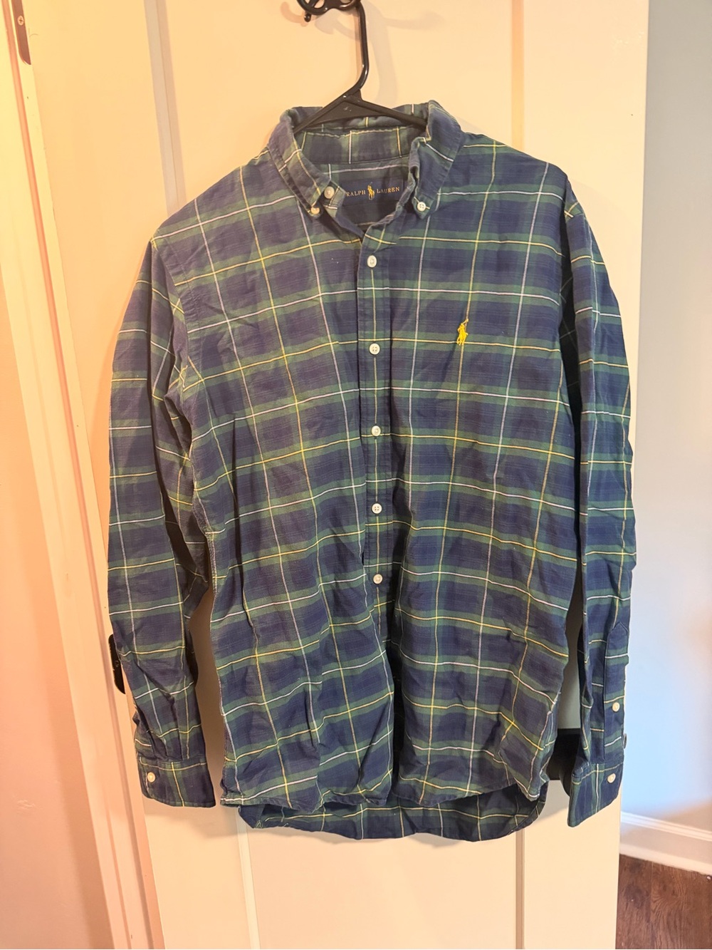 Ralph Lauren Navy and Green Plaid Button-Down Shirt with Yellow Pony